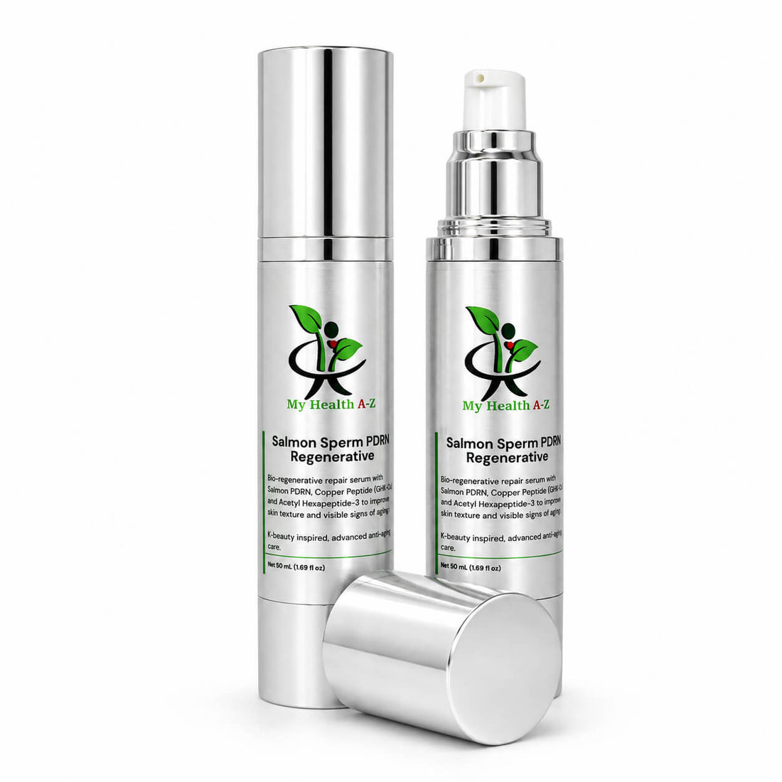 My Health A-Z Salmon Sperm PDRN Regenerative serum — two silver 50ml airless pump bottles with bio-regenerative repair formula, K-beauty inspired anti-ageing skincare