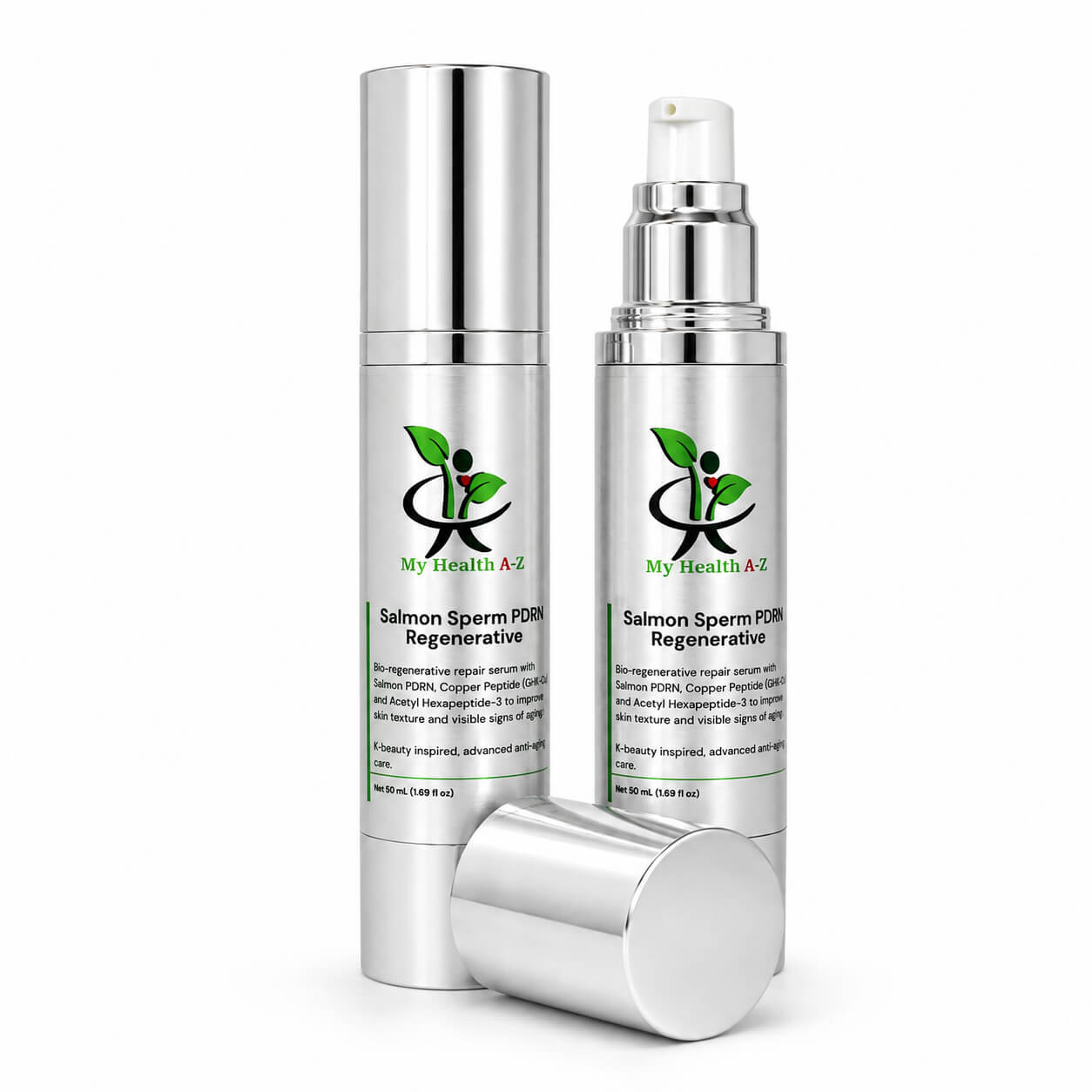 My Health A-Z Salmon Sperm PDRN Regenerative serum — two silver 50ml airless pump bottles with bio-regenerative repair formula, K-beauty inspired anti-ageing skincare