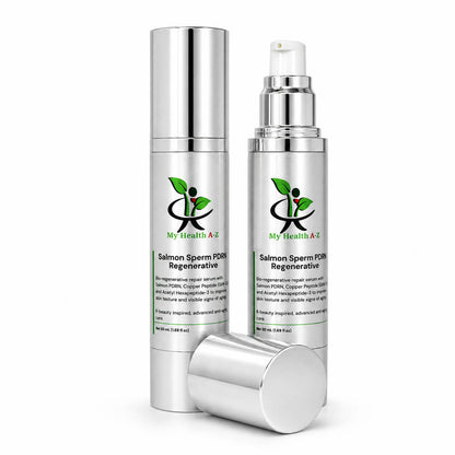 My Health A-Z Salmon Sperm PDRN Regenerative serum — two silver 50ml airless pump bottles with bio-regenerative repair formula, K-beauty inspired anti-ageing skincare