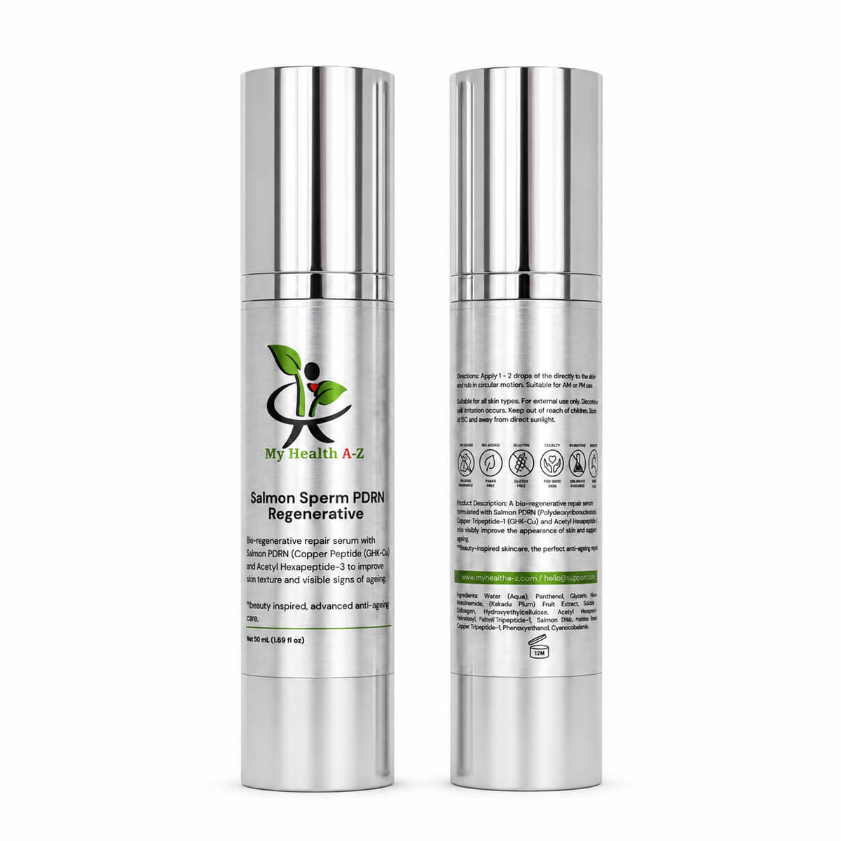 My Health A-Z Salmon Sperm PDRN Regenerative serum — front and back view of 50ml silver airless pump bottle showing ingredients, clean beauty certifications, and bio-regenerative formula details