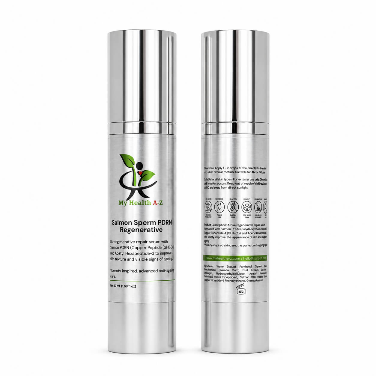 My Health A-Z Salmon Sperm PDRN Regenerative serum — front and back view of 50ml silver airless pump bottle showing ingredients, clean beauty certifications, and bio-regenerative formula details