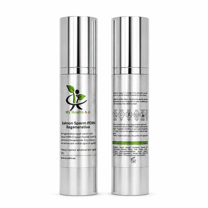 My Health A-Z Salmon Sperm PDRN Regenerative serum — front and back view of 50ml silver airless pump bottle showing ingredients, clean beauty certifications, and bio-regenerative formula details