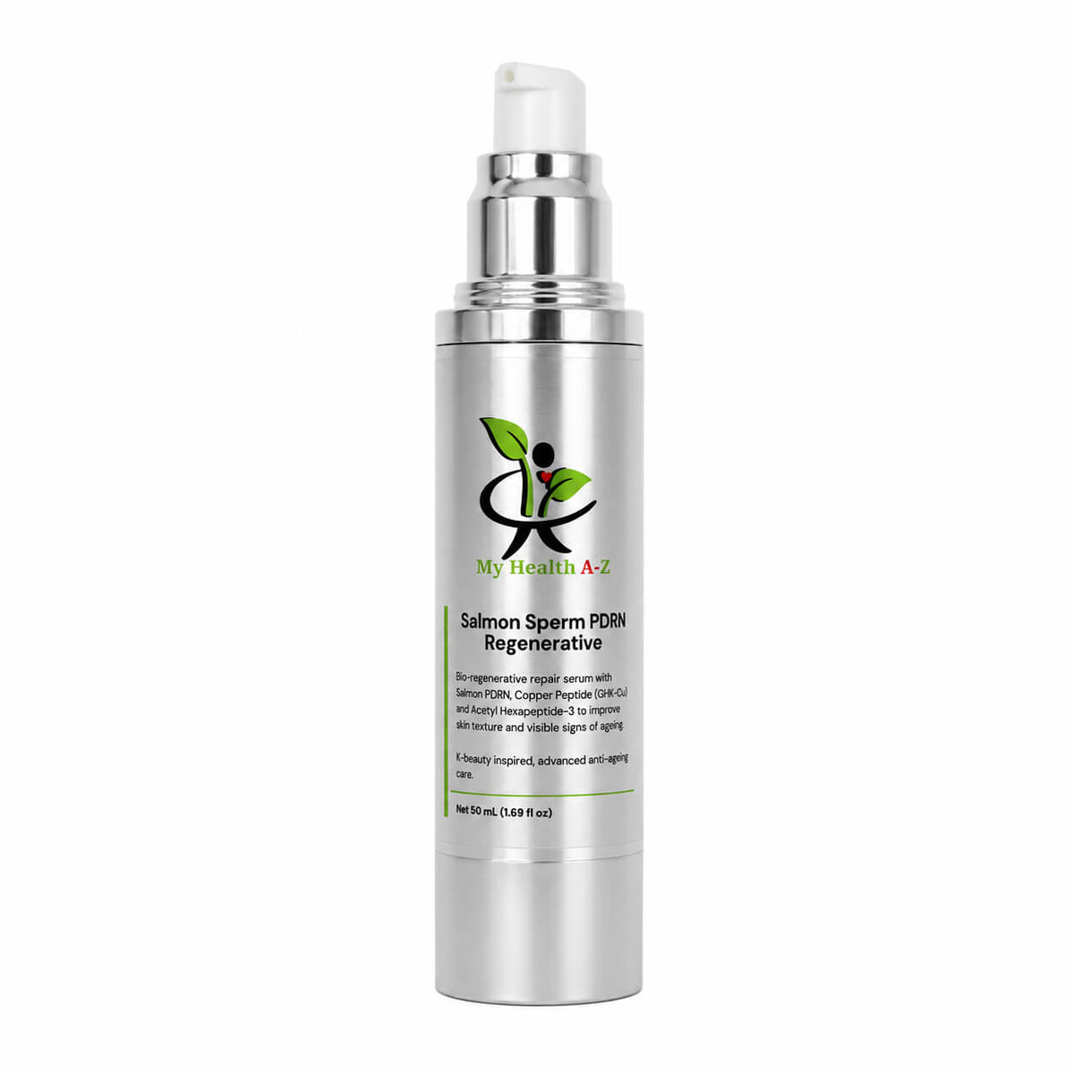 My Health A-Z Salmon Sperm PDRN Regenerative serum — 50ml silver airless pump bottle with Copper Peptide GHK-Cu and Acetyl Hexapeptide-3, K-beauty inspired anti-ageing skincare