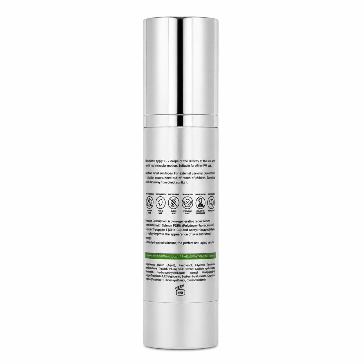 Back label of My Health A-Z Salmon Sperm PDRN Regenerative serum showing ingredients, directions, cautions, and clean beauty icons including paraben-free, cruelty-free, and fragrance-free"