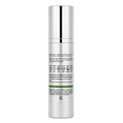 Back label of My Health A-Z Salmon Sperm PDRN Regenerative serum showing ingredients, directions, cautions, and clean beauty icons including paraben-free, cruelty-free, and fragrance-free"
