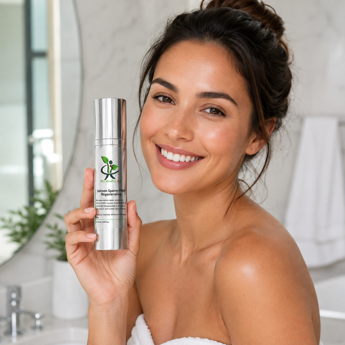 A smiling woman wrapped in a white towel holds up a silver bottle of Salmon Sperm PDRN Regenerative by My Health A-Z in a bathroom setting.