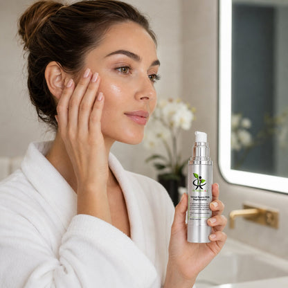 A woman in a white robe holds a silver skincare pump bottle in front of a bathroom mirror, with her hand touching her face. The bottle has a white and silver label with a green leaf logo and the brand name My Health A-Z