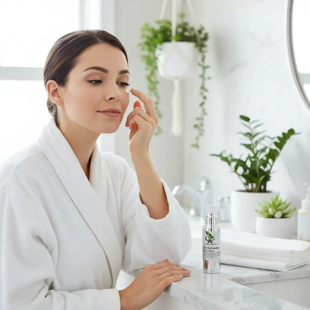Woman applying My Health A-Z Skin Tightening Eye Cream in bathroom – firming eye cream for crow&