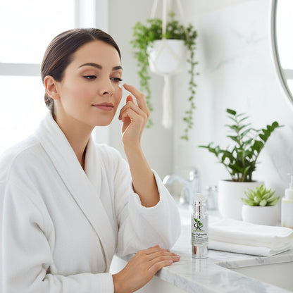 Woman applying My Health A-Z Skin Tightening Eye Cream to her face in a bathroom with green plants in the background