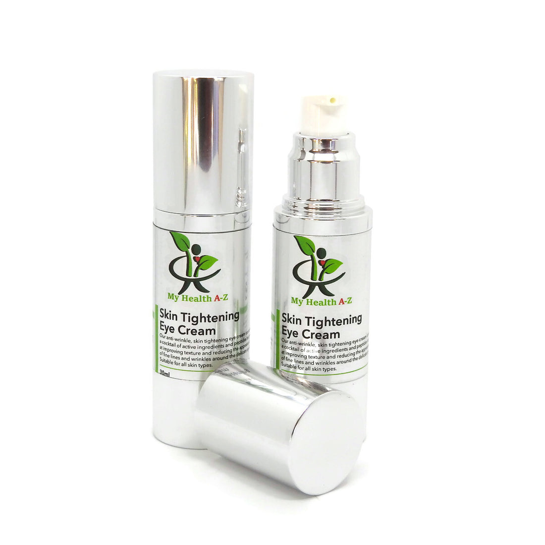 Two bottles of My Health A-Z Skin Tightening Eye Cream on a white background