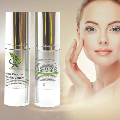 Snake Peptide Wrinkle Venom two bottle one front view and one rear view and a face of a women