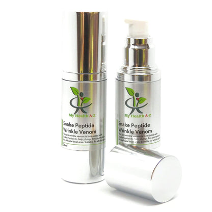 Snake Peptide Wrinkle Venom one airless pump bottle closed and one opened and lid at the front