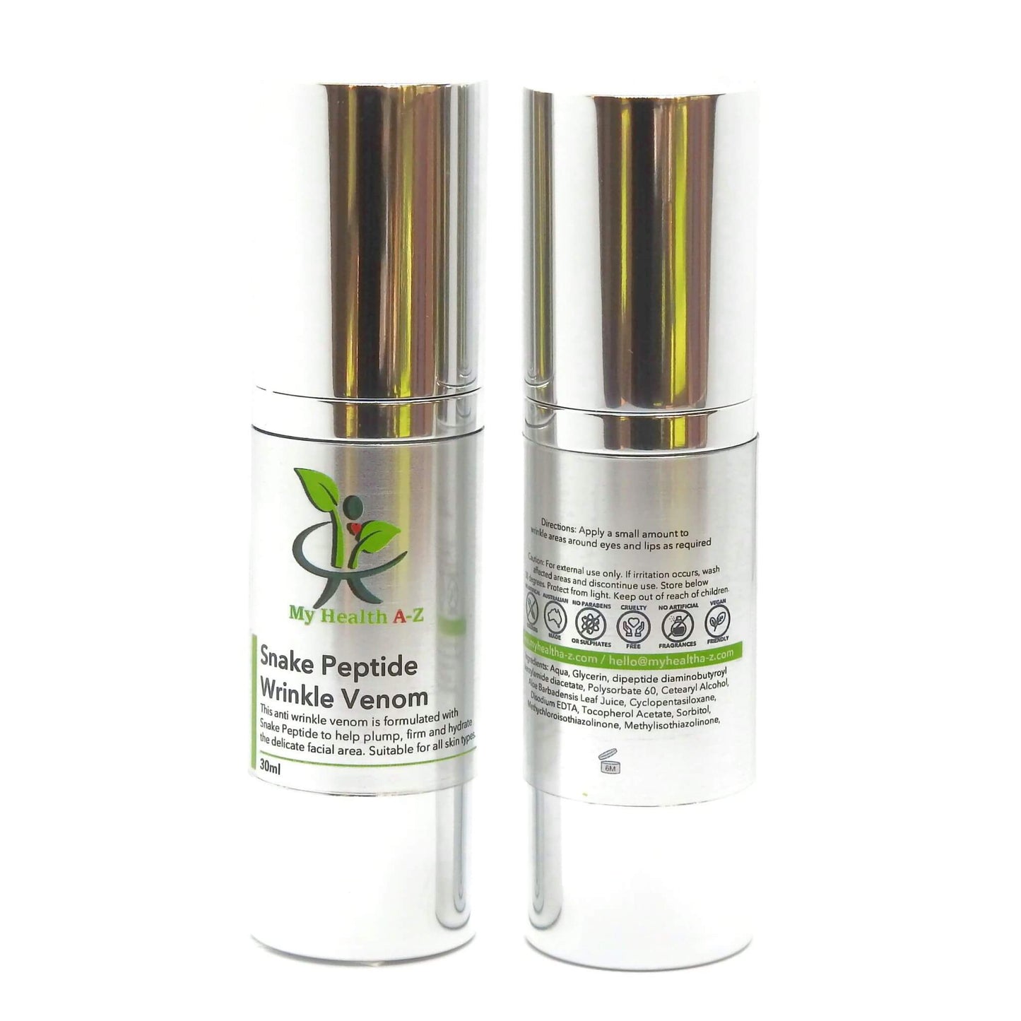 Two skincare bottles labelled 'My Health A-Z' Snake Peptide Wrinkle Venom' on a white background