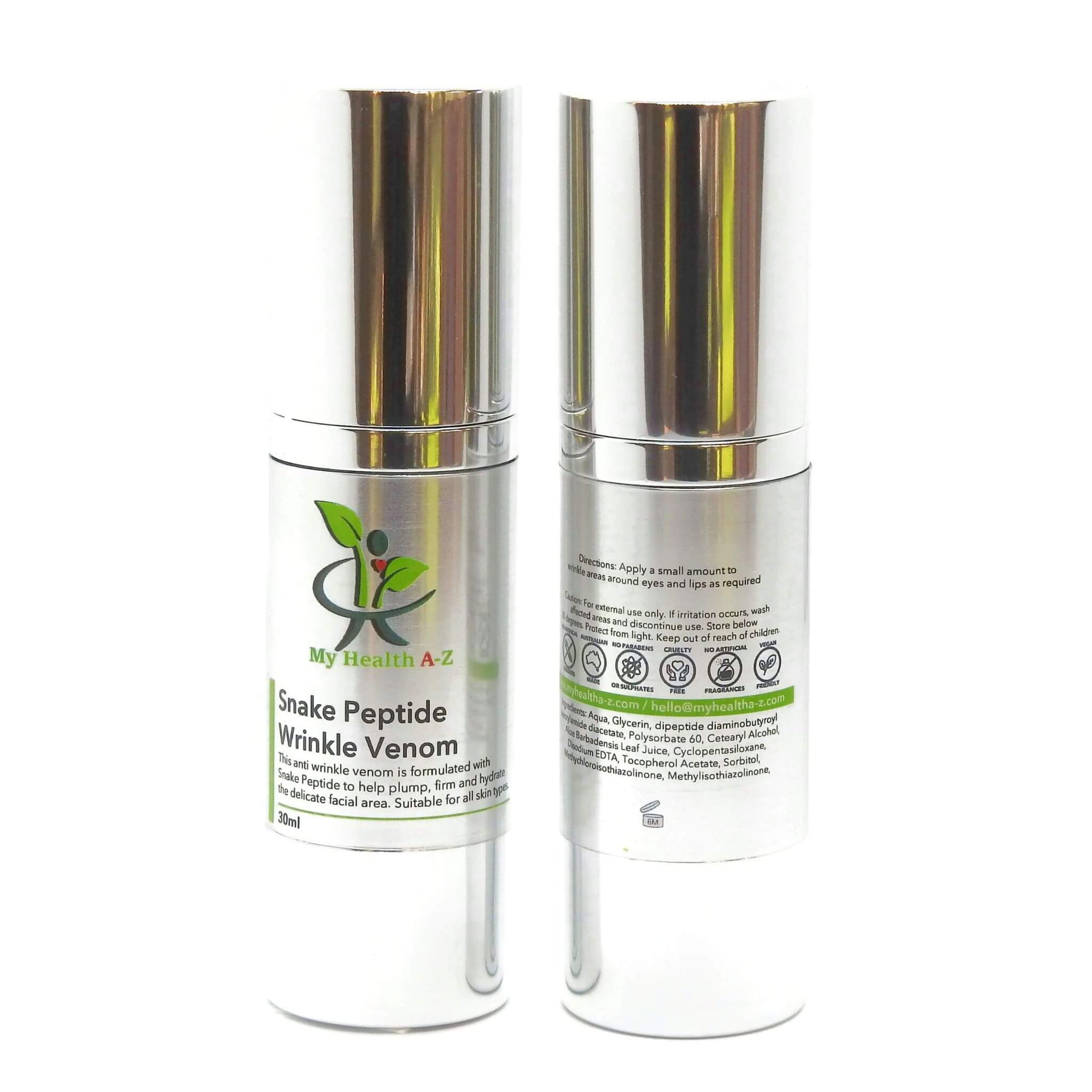 Two skincare bottles labelled 'My Health A-Z' Snake Peptide Wrinkle Venom' on a white background