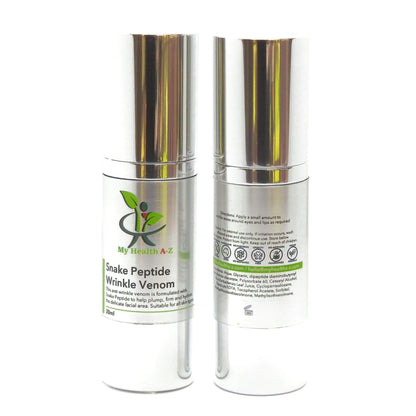 Two skincare bottles labelled 'My Health A-Z' Snake Peptide Wrinkle Venom' on a white background