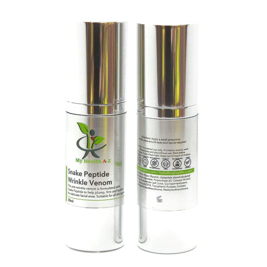 Two skincare bottles labelled 'My Health A-Z' Snake Peptide Wrinkle Venom' on a white background
