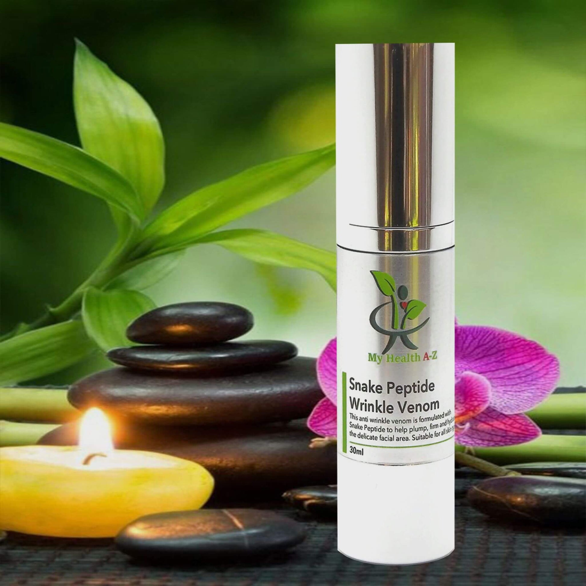 Skincare product labelled 'My Health A-Z Snake Peptide Wrinkle Venom with a natural background of stones, candle, and plant.