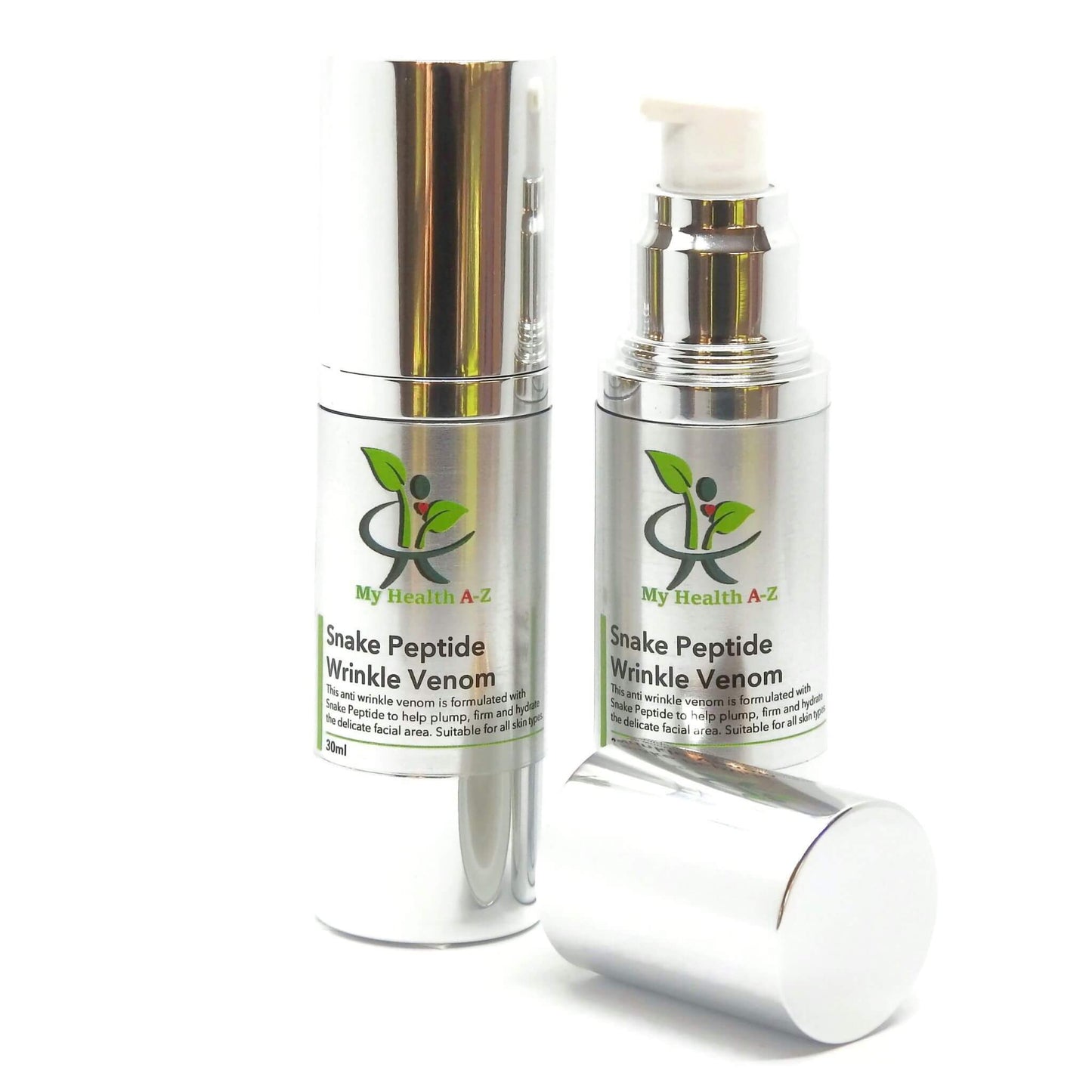Two bottles of 'My Health A-Z' Snake Peptide Wrinkle Venom with a white background