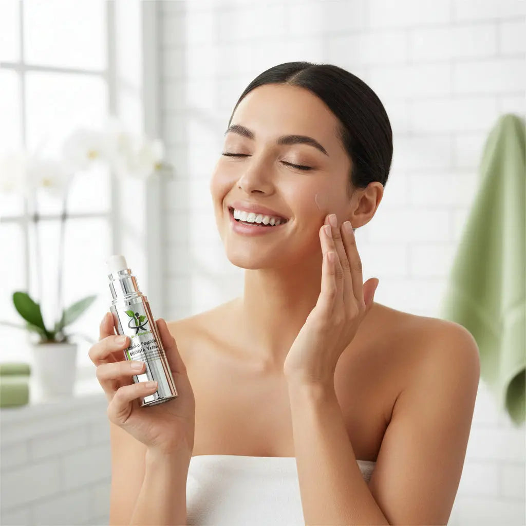Happy woman using My Health A-Z Snake Peptide Wrinkle Venom – visible anti-ageing results with vegan peptide serum
