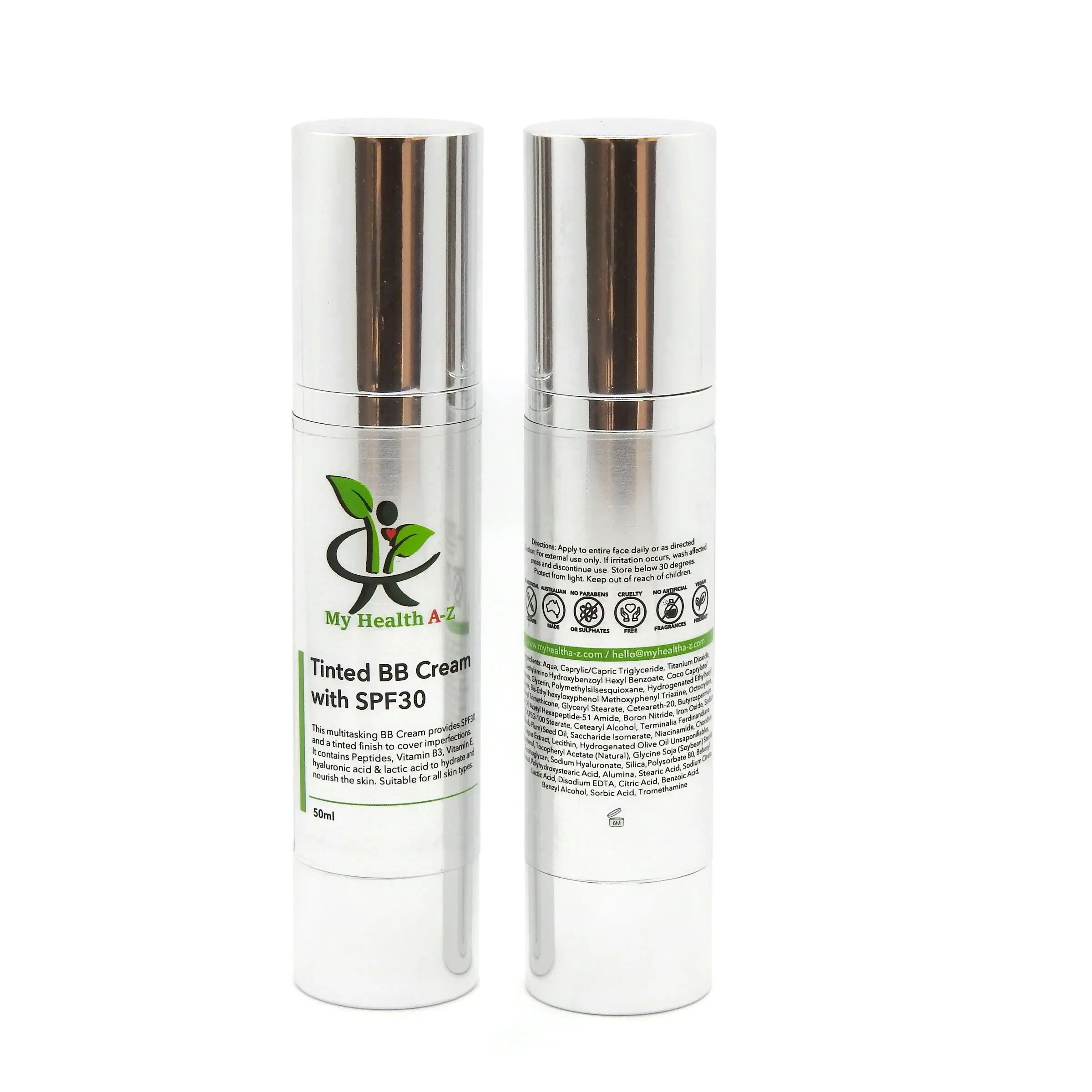 My Health A-Z Tinted BB Cream SPF30 50ml – front and back bottle view with shade and ingredients