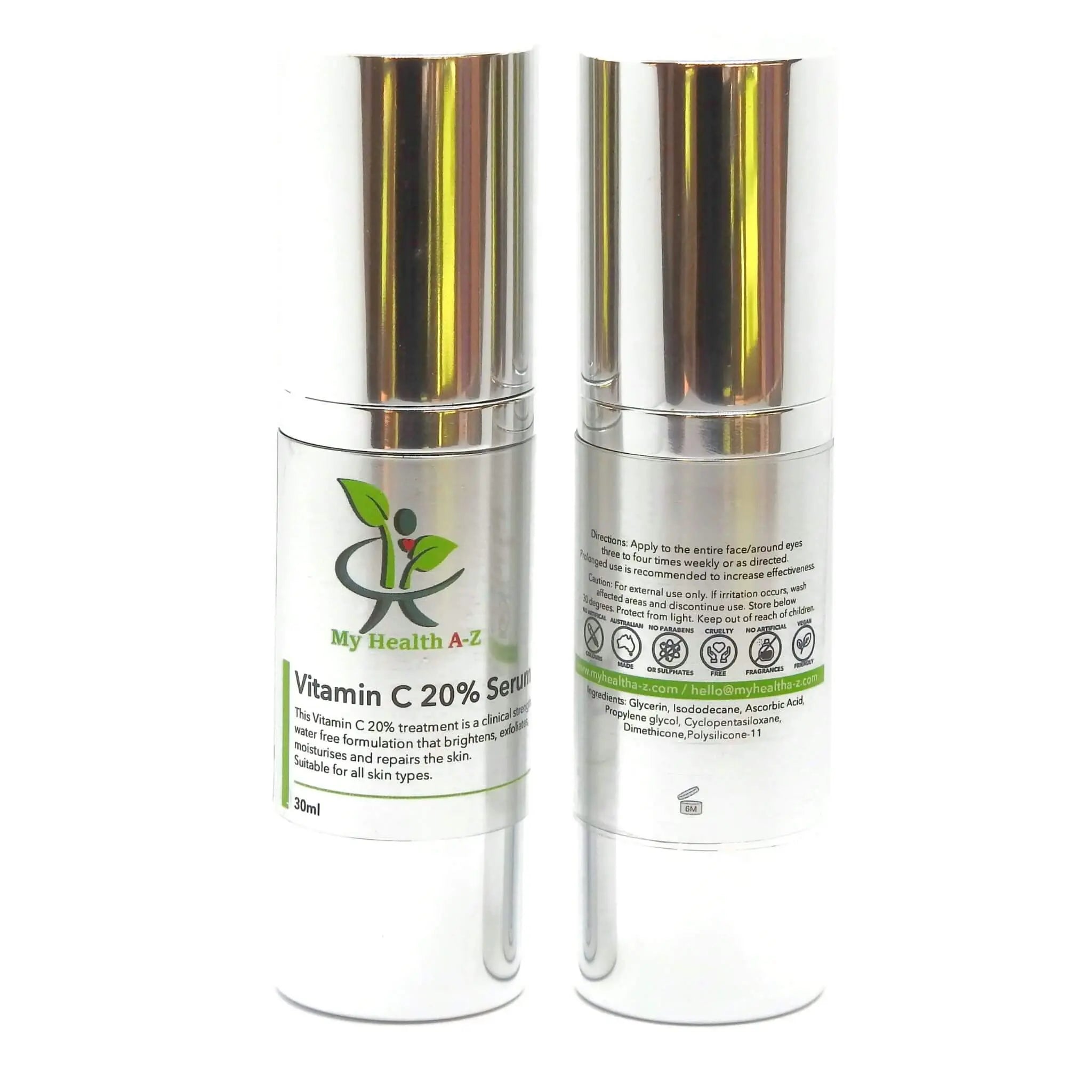 My Health A-Z Vitamin C 20% Serum Vegan – front and back bottle view with ingredients and directions
