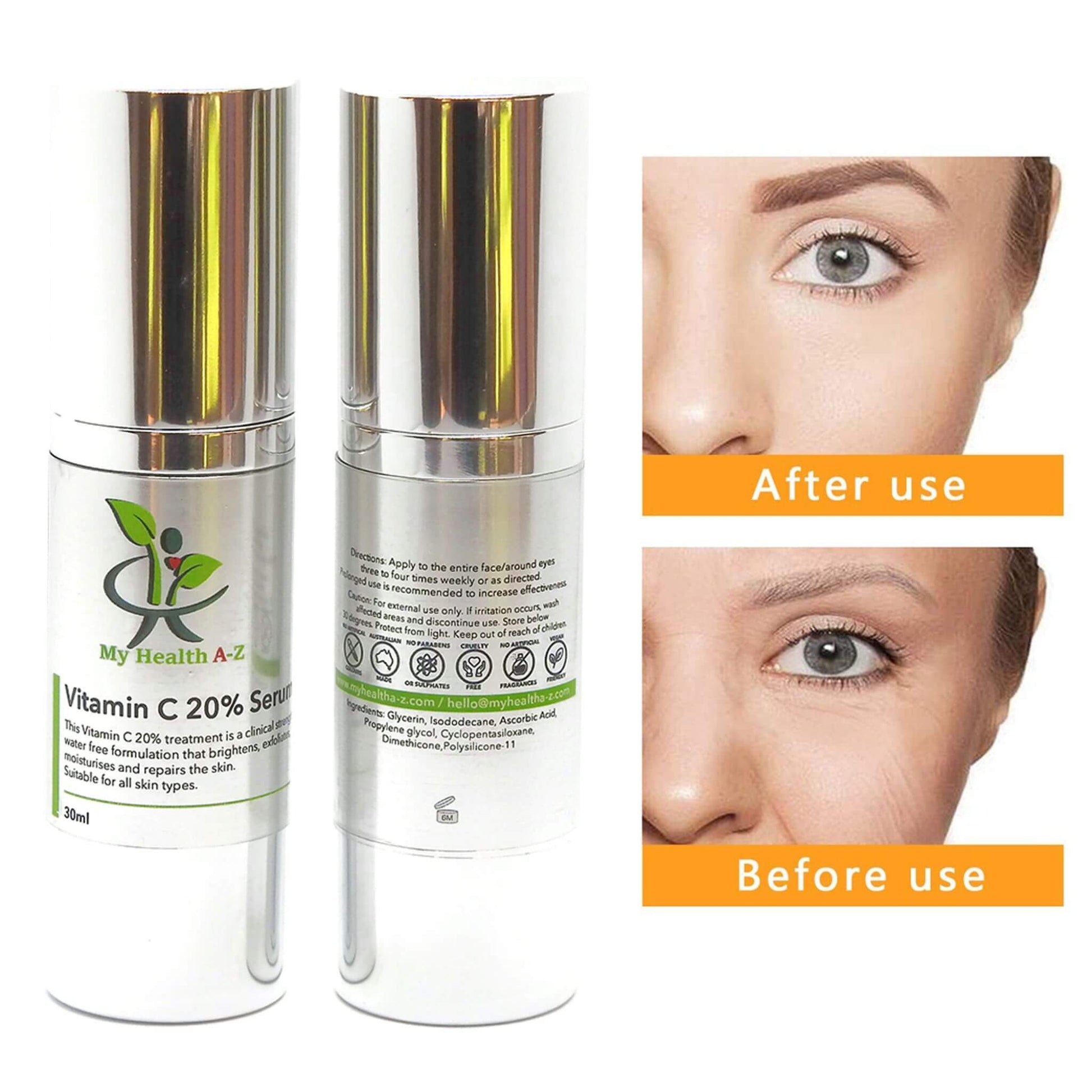 Two bottles of 'My Health A-Z' Vitamin C serum with a 'Before' and 'After' comparison of skin on a white background.