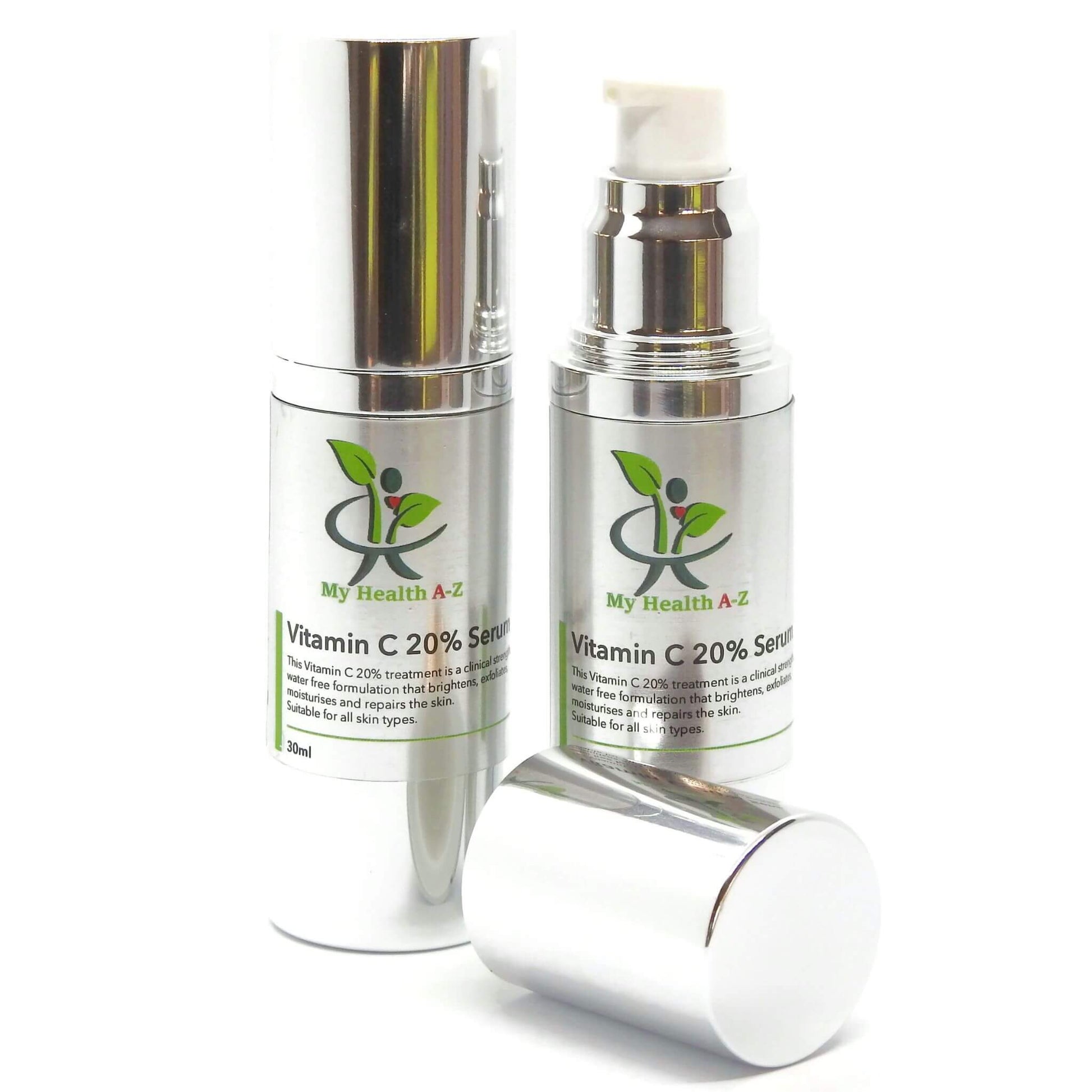 Two 'My Health A-Z' vitamin c 20% serum bottles with silver caps and white labels on a white background