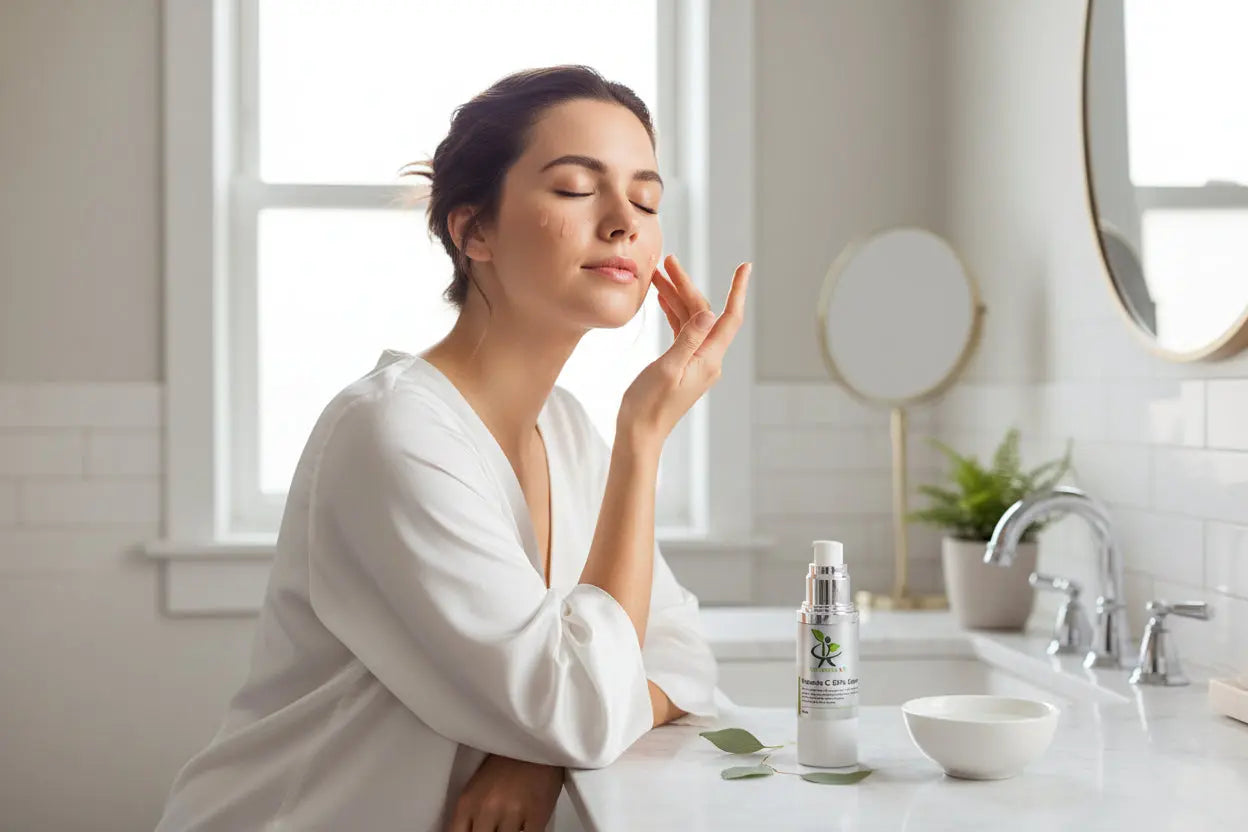 Woman applying My Health A-Z Vitamin C 20% Serum in bathroom – vegan brightening serum for pigmentation and glow