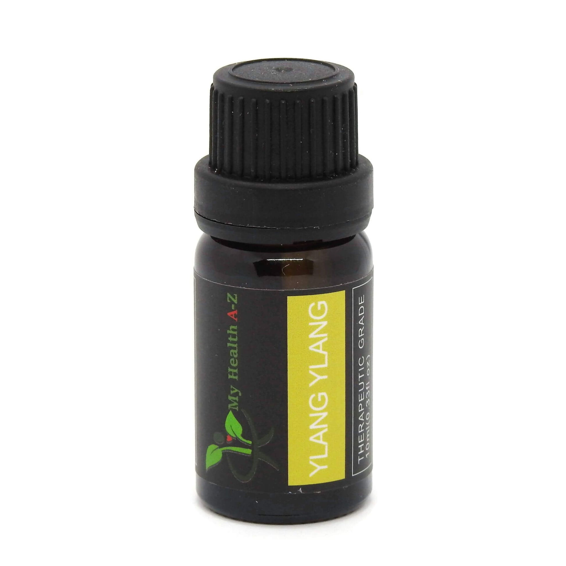 'My Health A-Z' Ylang Ylang essential oil bottle with black cap on a white background