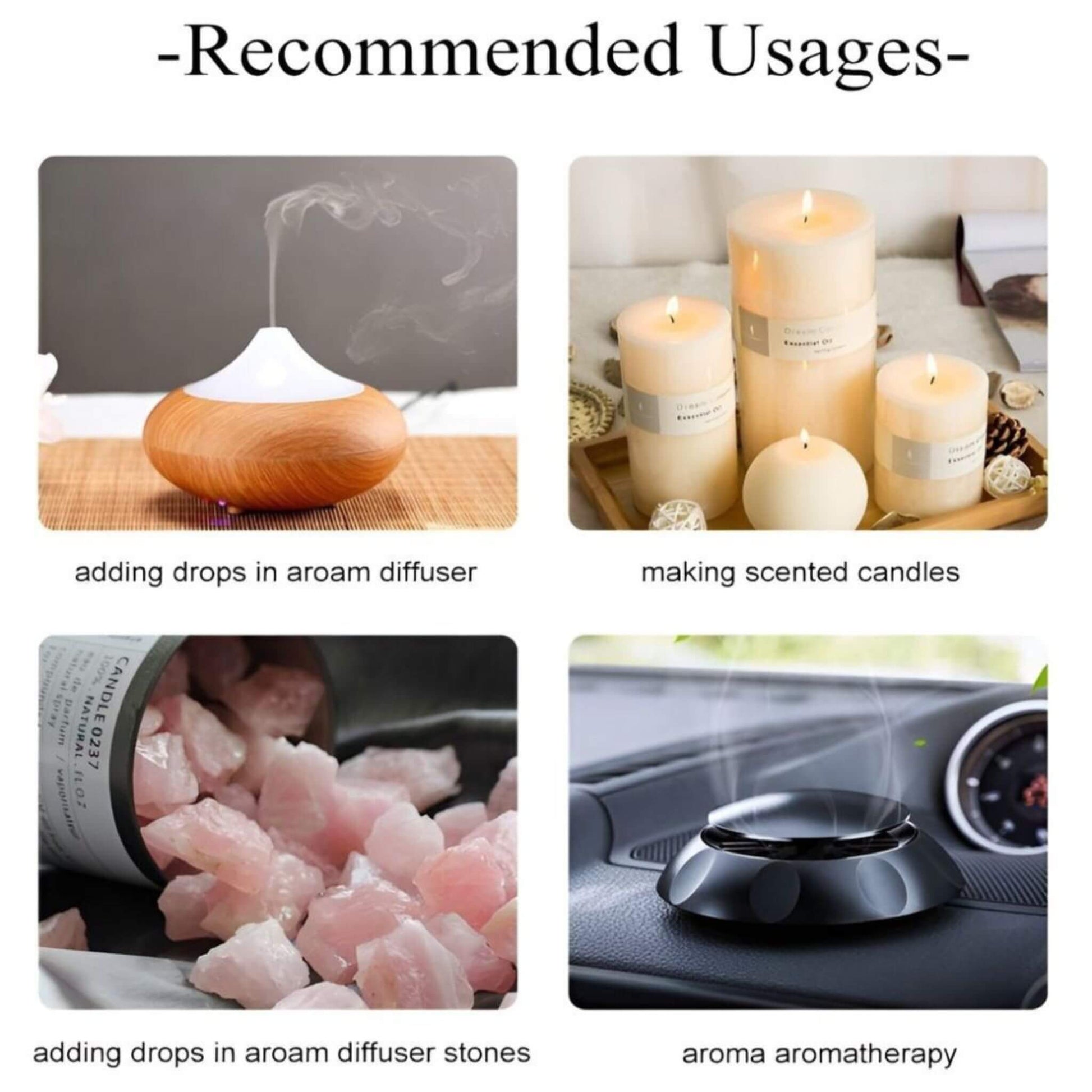 Collage of recommended usages for a product including aroma diffuser, candles, and aromatherapy.