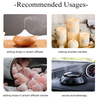 Collage of recommended usages for a product including aroma diffuser, candles, and aromatherapy.