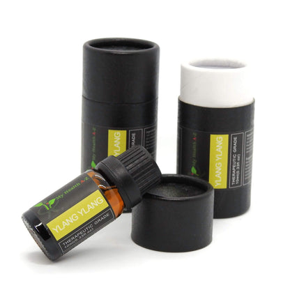 'My Health A-Z' Ylang Ylang essential oil bottle with black cap and black cylindrical container on a white background