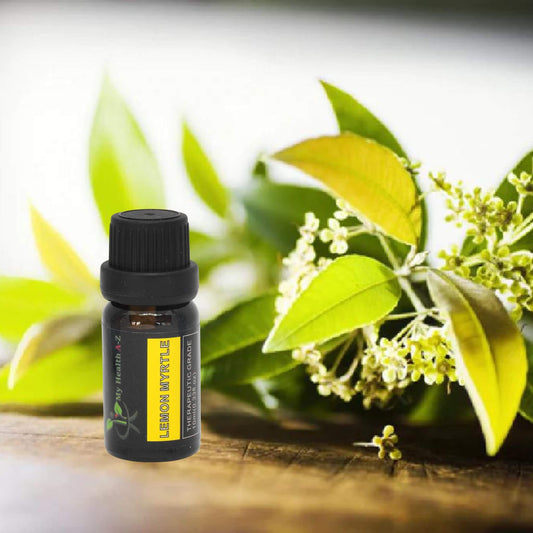 "My Health A-Z' Lemen Myrtle Essential Oil bottle with lemon verbena leaves and flowers on a wooden surface