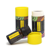 Load image into Gallery viewer, lemon myrtle essential oil with dot design cylinder and amber bottle
