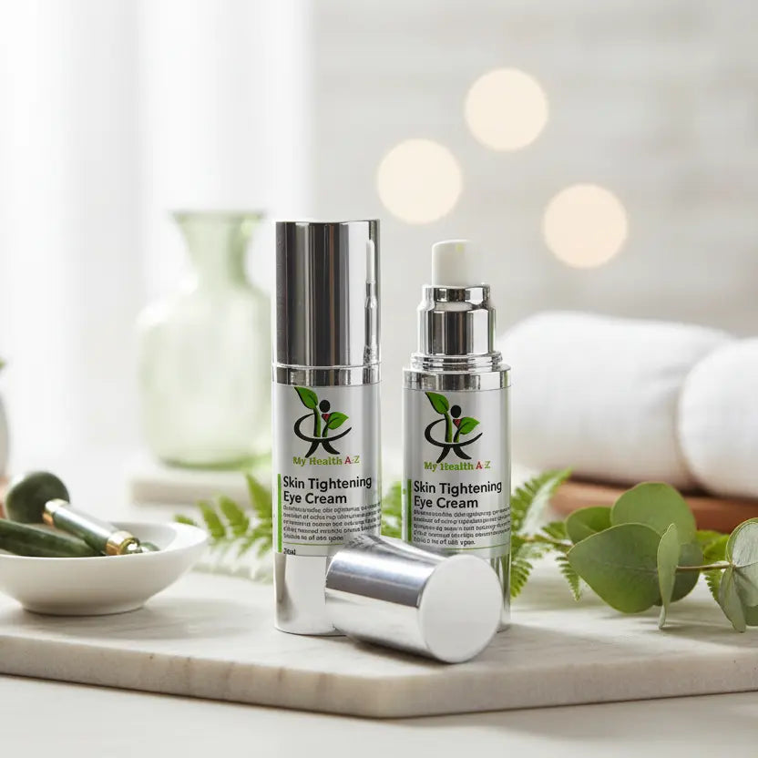 My Health A-Z Skin Tightening Eye Cream 30ml in spa setting – premium anti-ageing eye treatment Australia